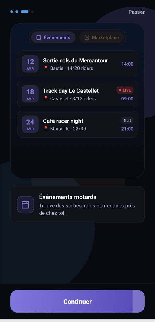 Écran Événements : sorties, rassemblements et track days