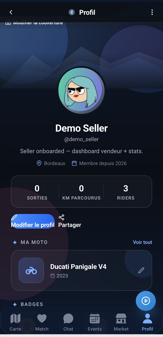 Écran Profil : sorties, kilomètres et moto du rider