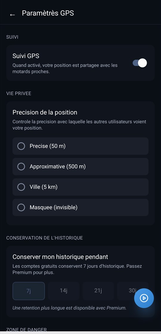 Écran Paramètres GPS : précision de position partagée et durée d'historique