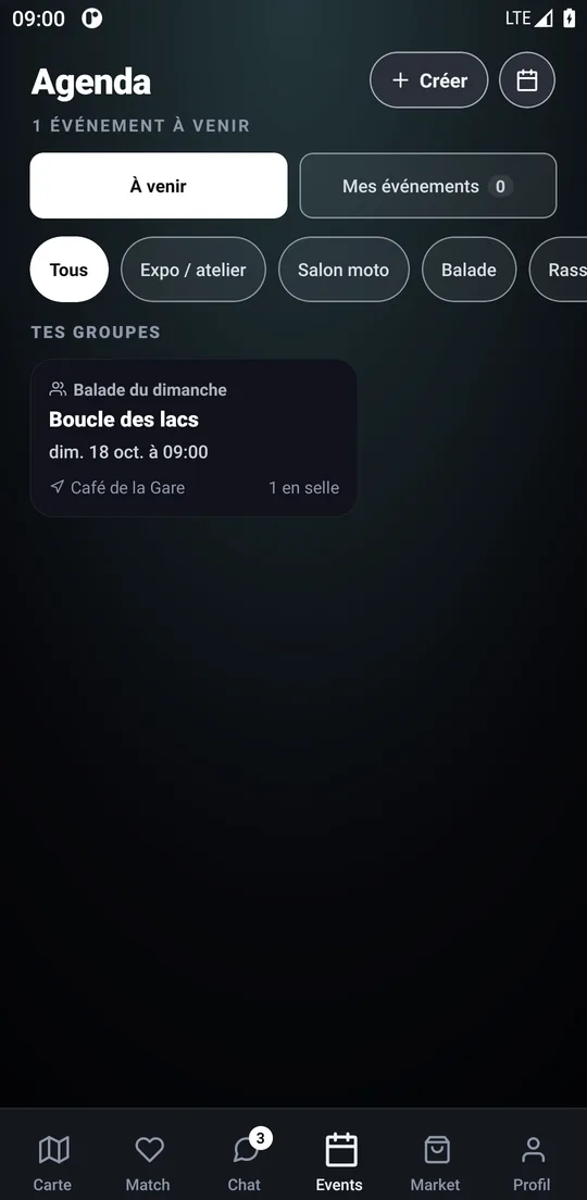 Écran Agenda : sorties et rassemblements à venir