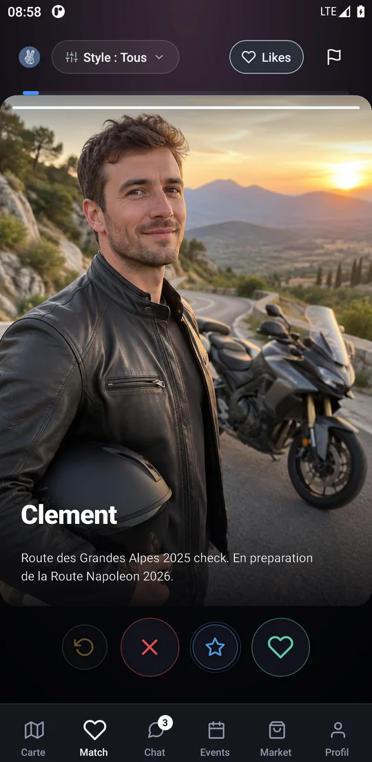 Écran Match : profil d'un rider et actions (photo d'illustration)